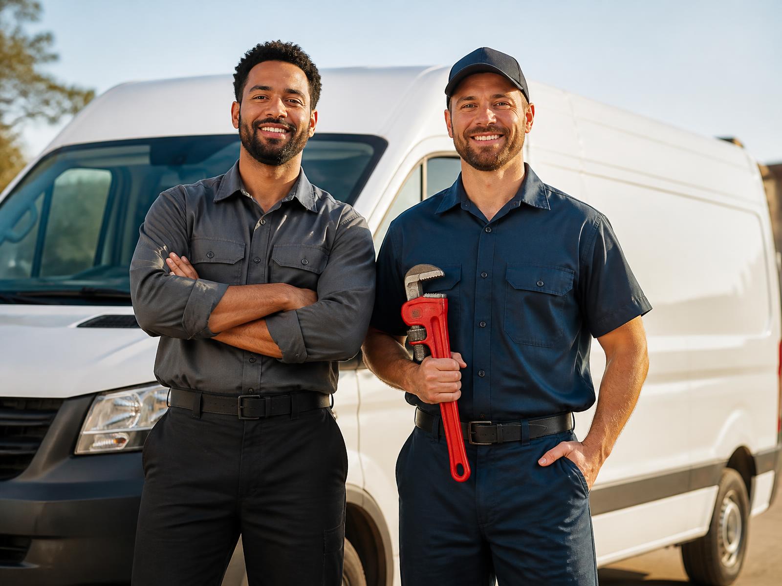 Plumbing and HVAC technicians standing in front of a service van
