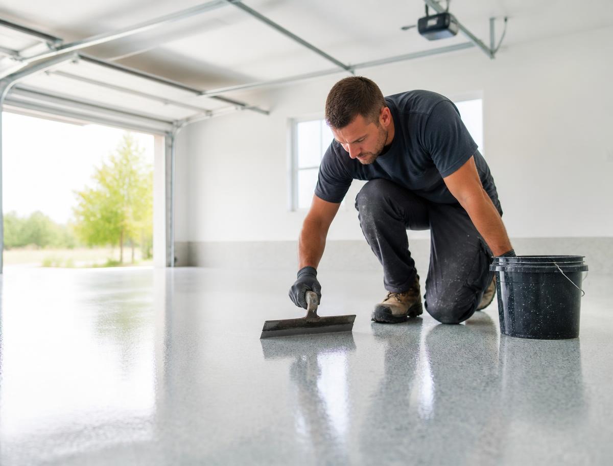 Contractor finishing a glossy epoxy garage floor